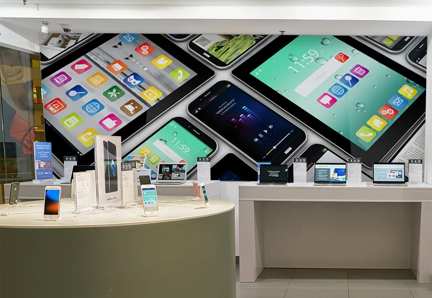 پوستر دیواری سه بعدی فروشگاه موبایل طرح اپلیکیشن های تلفن های همراه